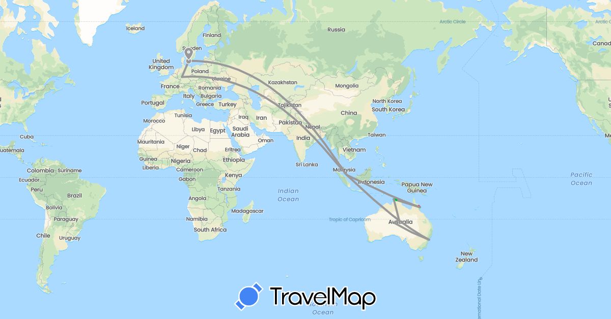 TravelMap itinerary: bus, plane, hiking, boat in Australia, Germany, Denmark, Singapore (Asia, Europe, Oceania)